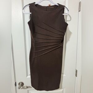 Calvin Klein Brown Sleeveless Midi Sheath with Asymmetrical Pleat Detail